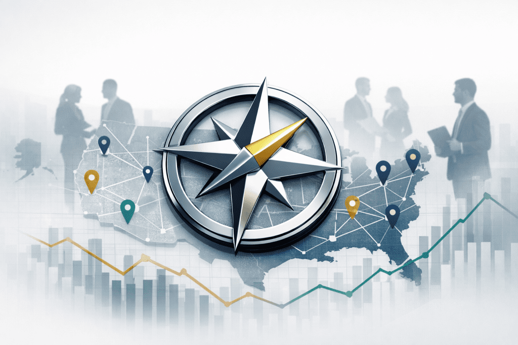 Stylized compass over a map with location pins, agent silhouettes and a market graph overlay — clean editorial hero image representing the Compass–Anywhere deal.