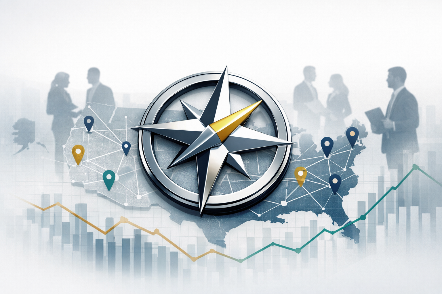 Stylized compass over a map with location pins, agent silhouettes and a market graph overlay — clean editorial hero image representing the Compass–Anywhere deal.