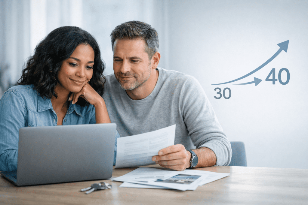 Editorial photo of a middle-aged couple reviewing home-buying paperwork with a subtle age-trend infographic overlay.