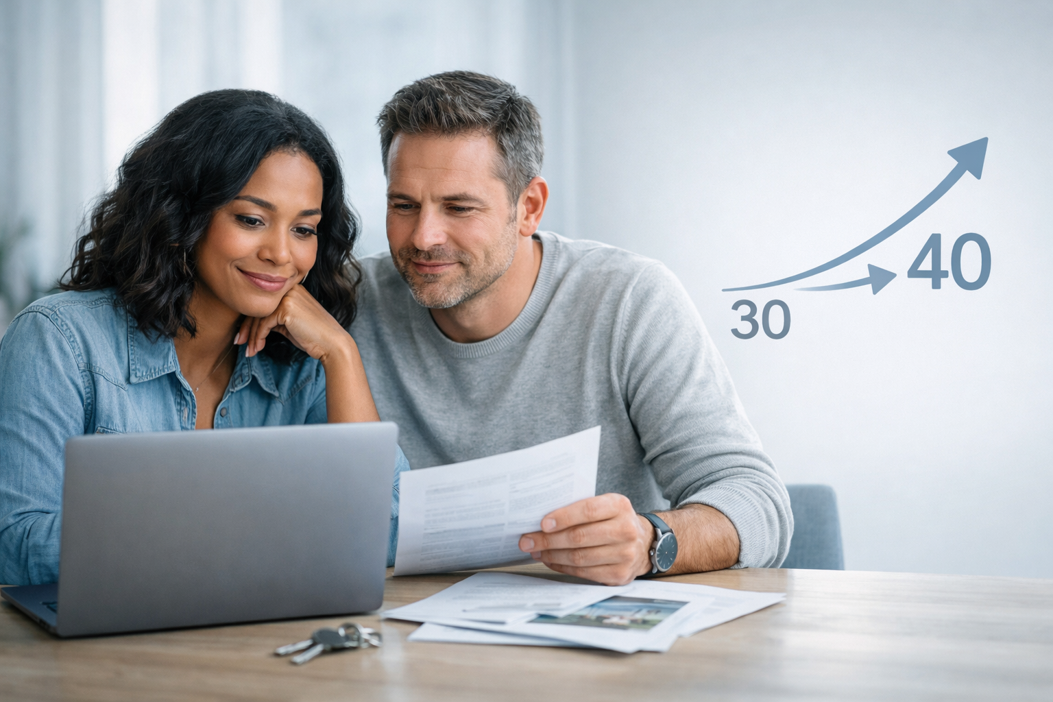 Editorial photo of a middle-aged couple reviewing home-buying paperwork with a subtle age-trend infographic overlay.