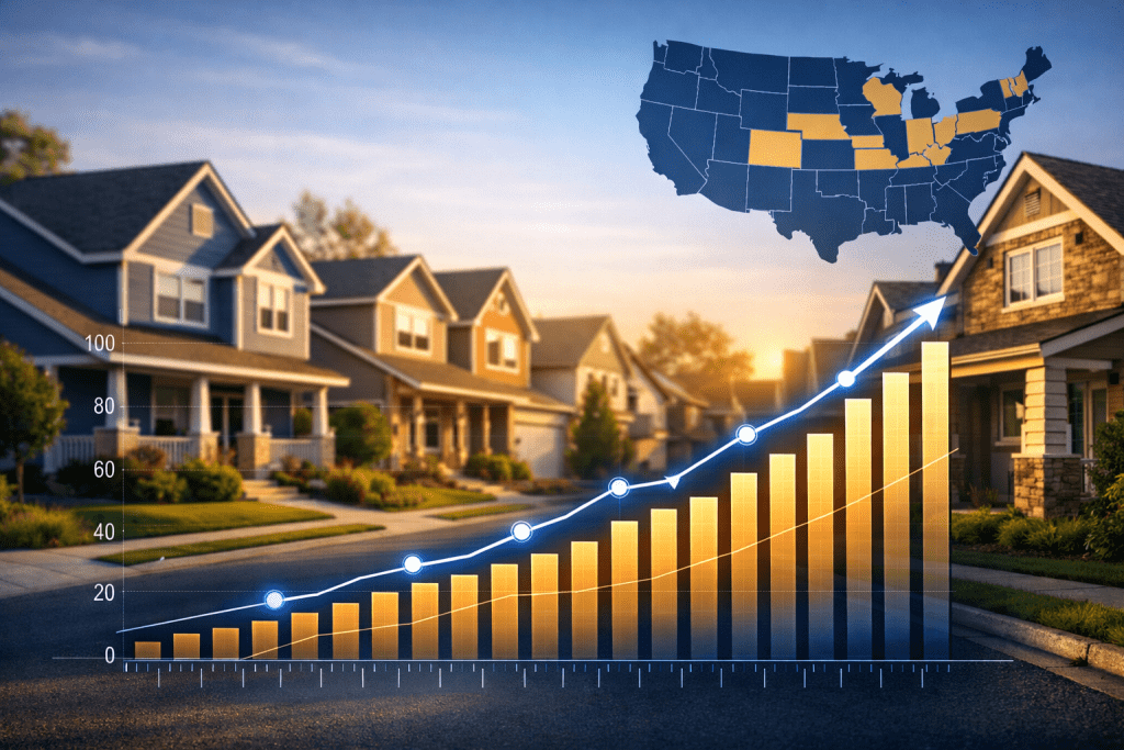 Suburban homes with an overlaid rising line graph and a US map inset highlighting top states—visualizing rising home values and property tax collections.