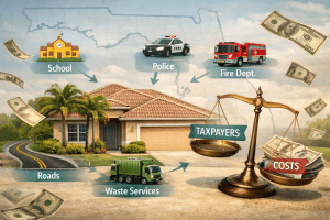 Florida map behind a suburban house with icons for school, police and roads, money and a tilted scale showing the shifted tax burden.