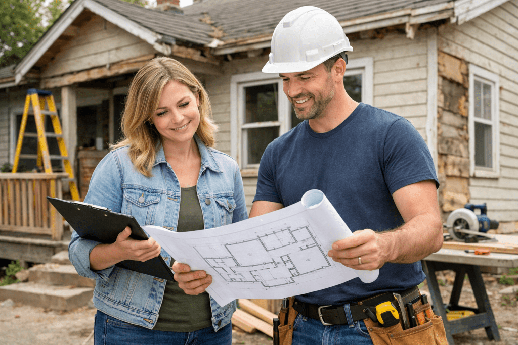 Buyer and contractor reviewing renovation plans outside a fixer-upper home