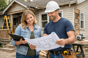Buyer and contractor reviewing renovation plans outside a fixer-upper home