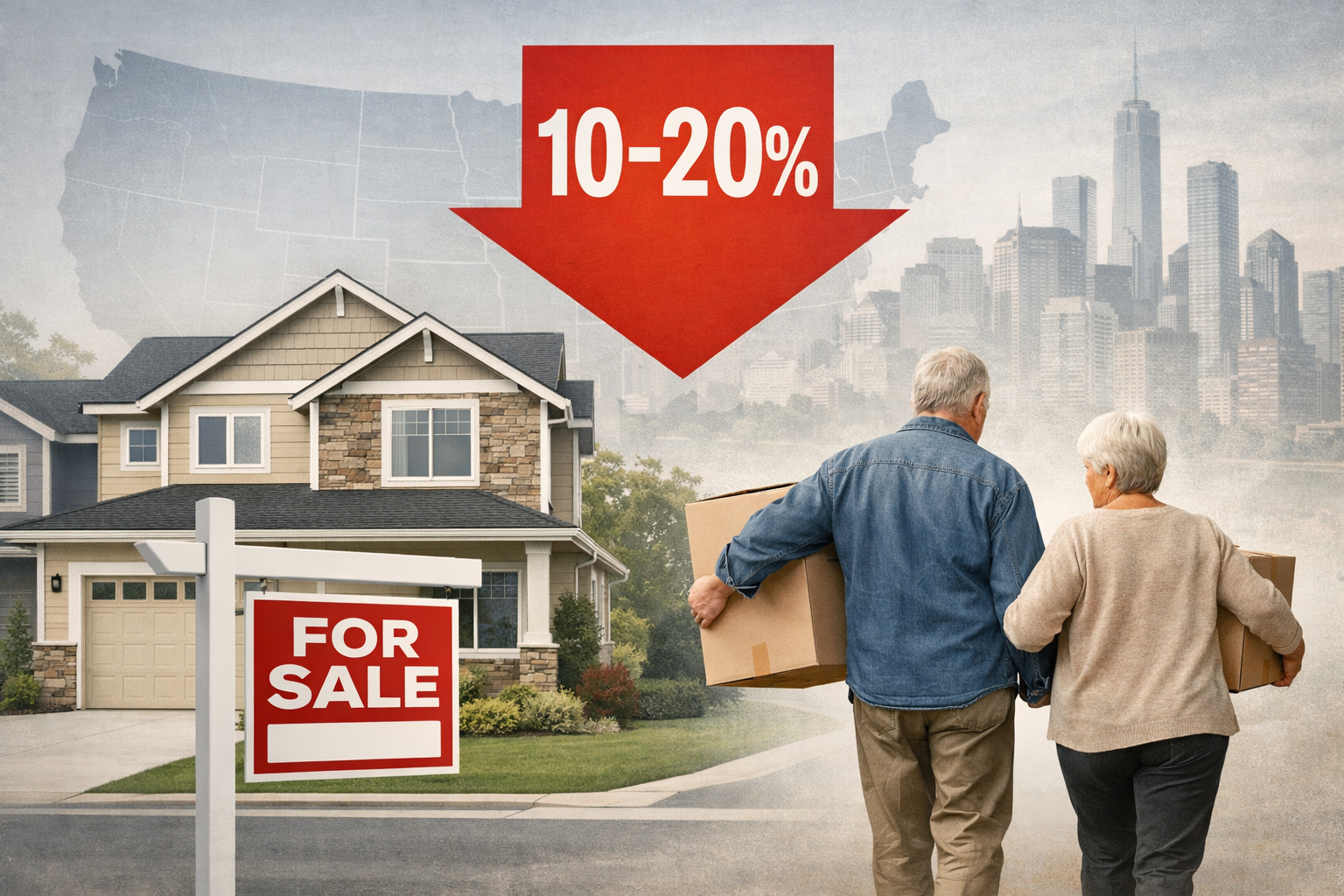 Suburban homes, an older couple with moving boxes, and a downward arrow labeled 10–20% conveying an expected drop in U.S. home prices.