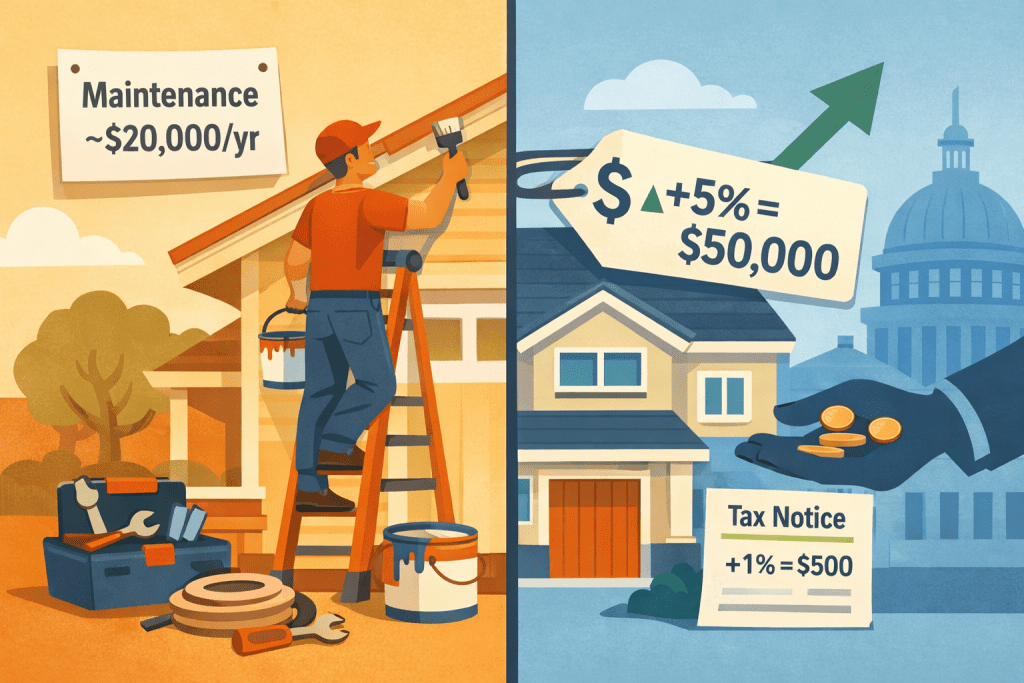 Split illustration: homeowner doing house maintenance on one side and rising assessed home value with a tax notice and municipal silhouette on the other, illustrating the mismatch between upkeep costs and property-tax increases.