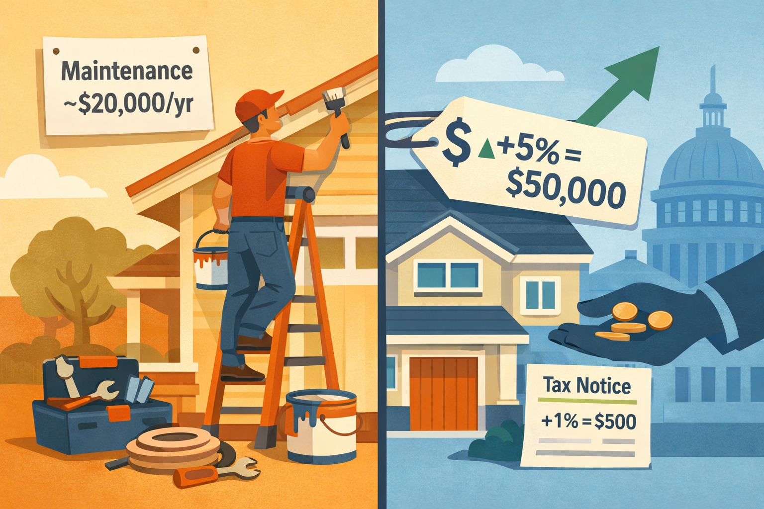 Split illustration: homeowner doing house maintenance on one side and rising assessed home value with a tax notice and municipal silhouette on the other, illustrating the mismatch between upkeep costs and property-tax increases.
