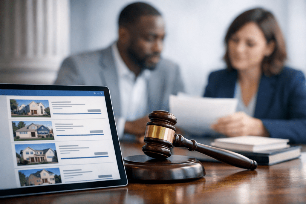 Editorial hero image: laptop showing MLS-style listings, a gavel, and two real estate professionals in discussion.