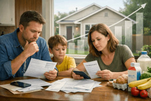 A family at a kitchen table reviewing bills and home-buying paperwork, with rising housing costs suggested in the background.