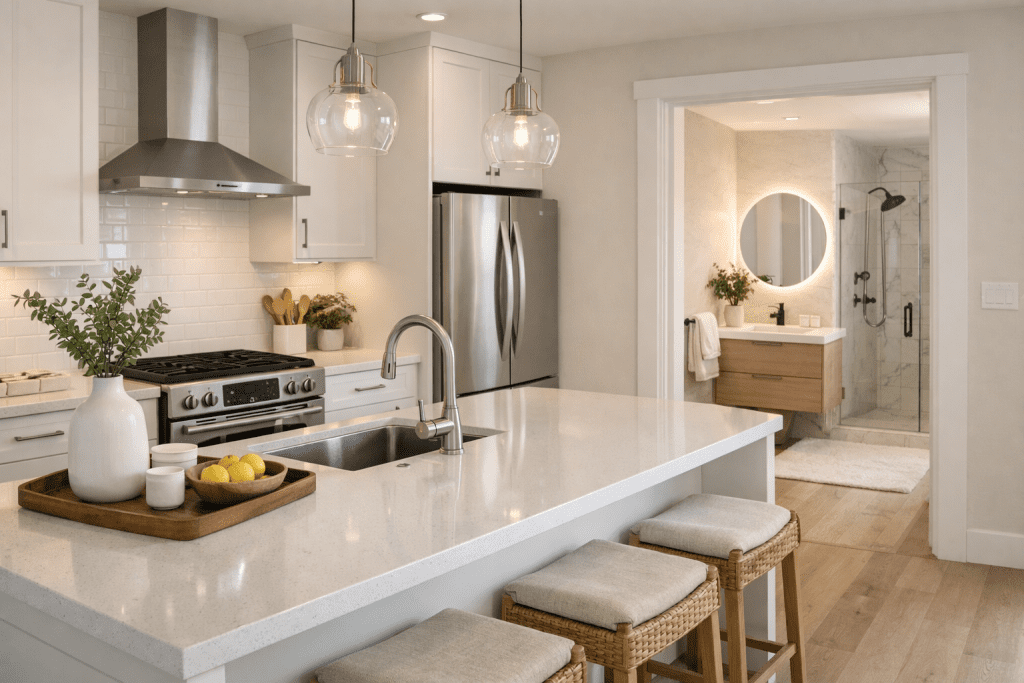 A bright, updated kitchen and bathroom representing high-value home improvements