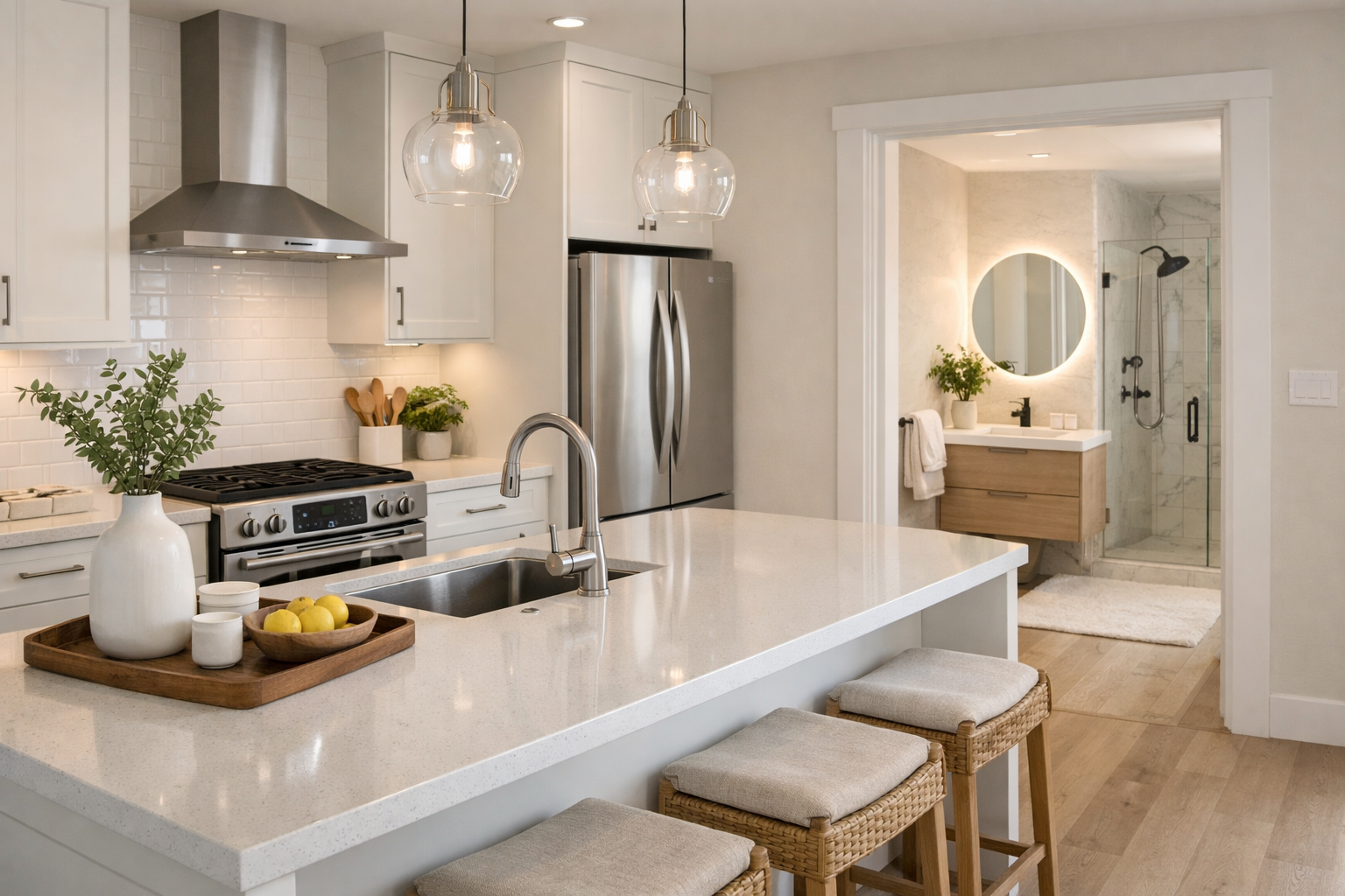 A bright, updated kitchen and bathroom representing high-value home improvements