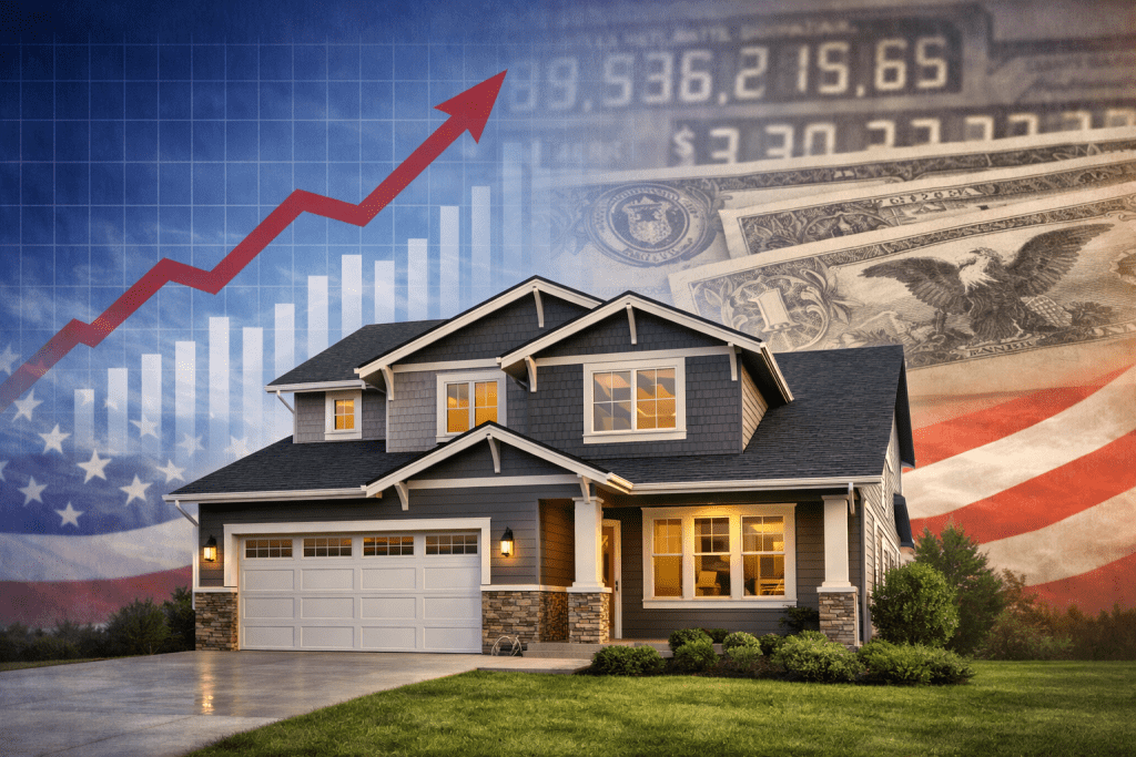 A house with a rising interest-rate chart and U.S. debt imagery in the background