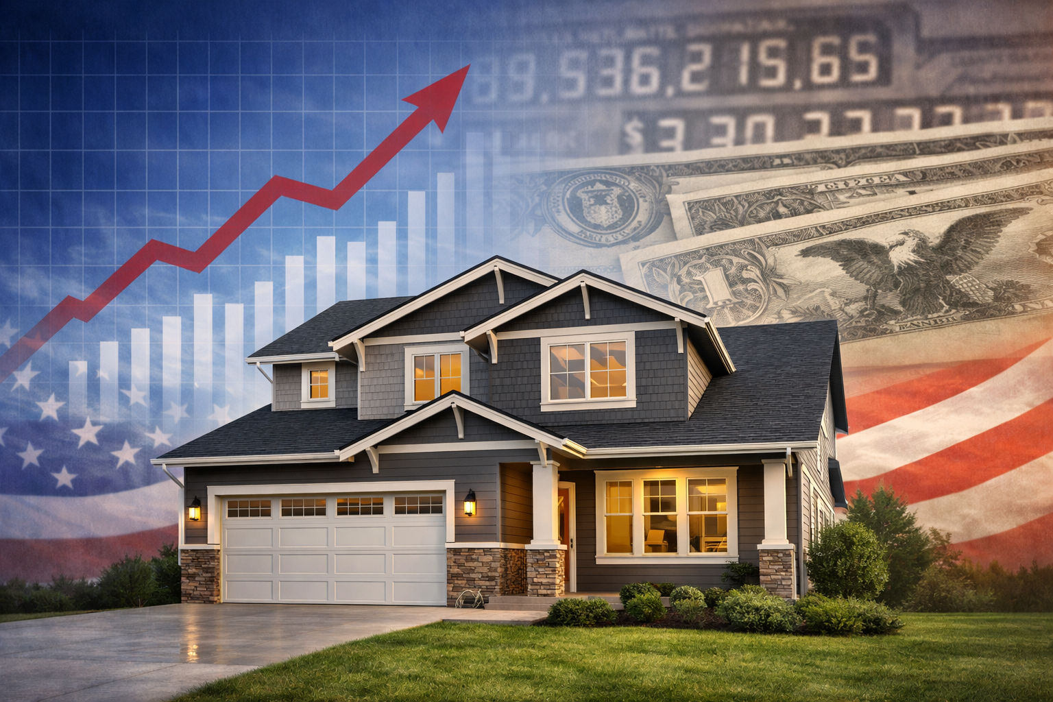 A house with a rising interest-rate chart and U.S. debt imagery in the background