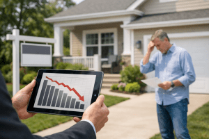 Real estate agent reviewing a price chart in front of a suburban home, illustrating the cost of overpricing a house.