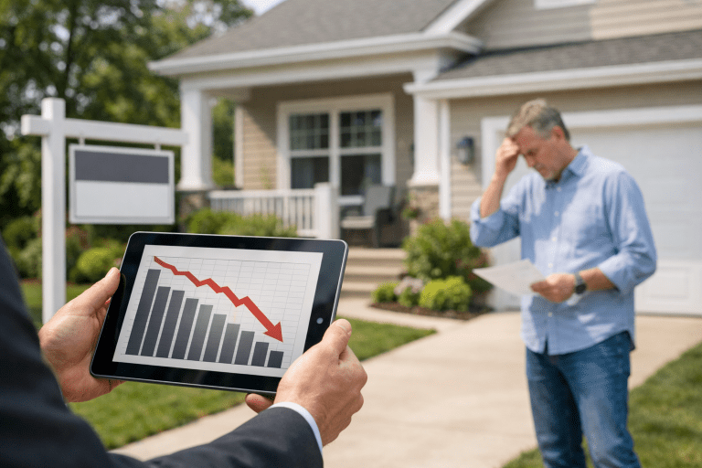 Real estate agent reviewing a price chart in front of a suburban home, illustrating the cost of overpricing a house.