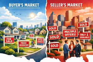 Stylized U.S. housing market map showing some markets favoring buyers and others favoring sellers.
